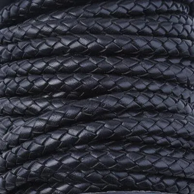 6mm Braided Black Round Leather Cord with Hollow Core by the Foot