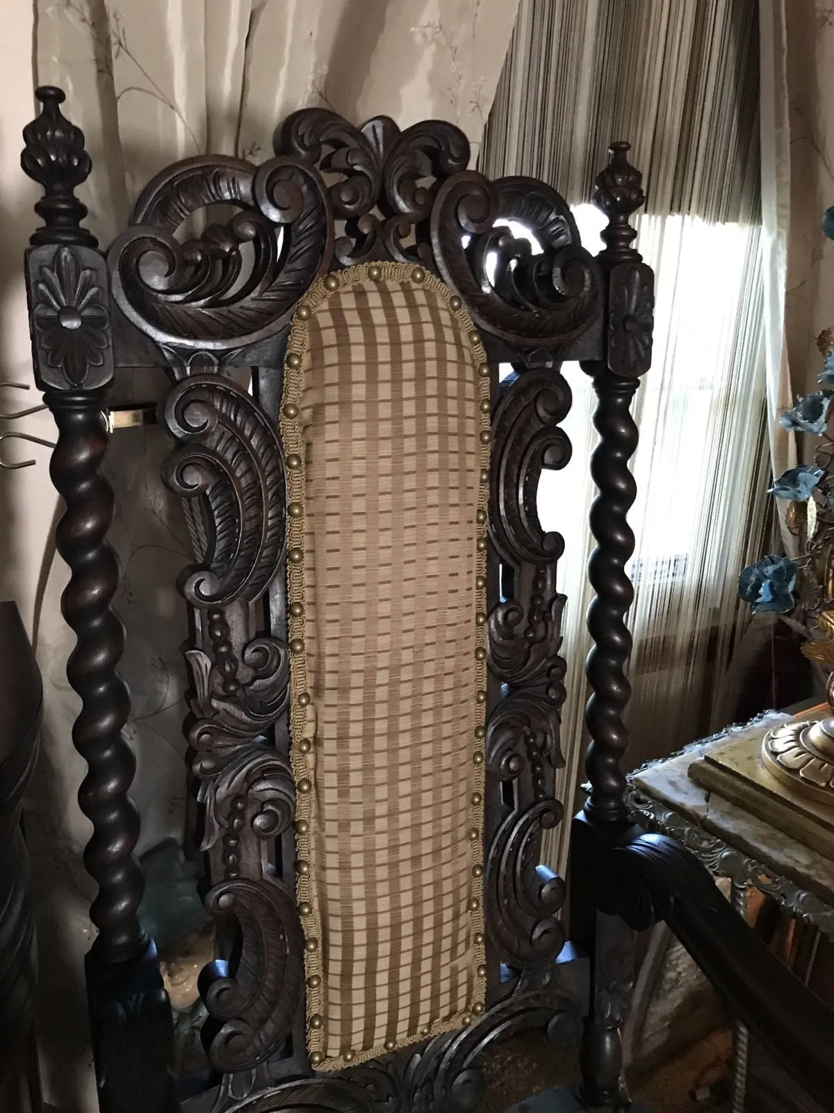 Antique Carved Pair Wood Barley Twist Throne Chairs Pair Amazing Detail 1850