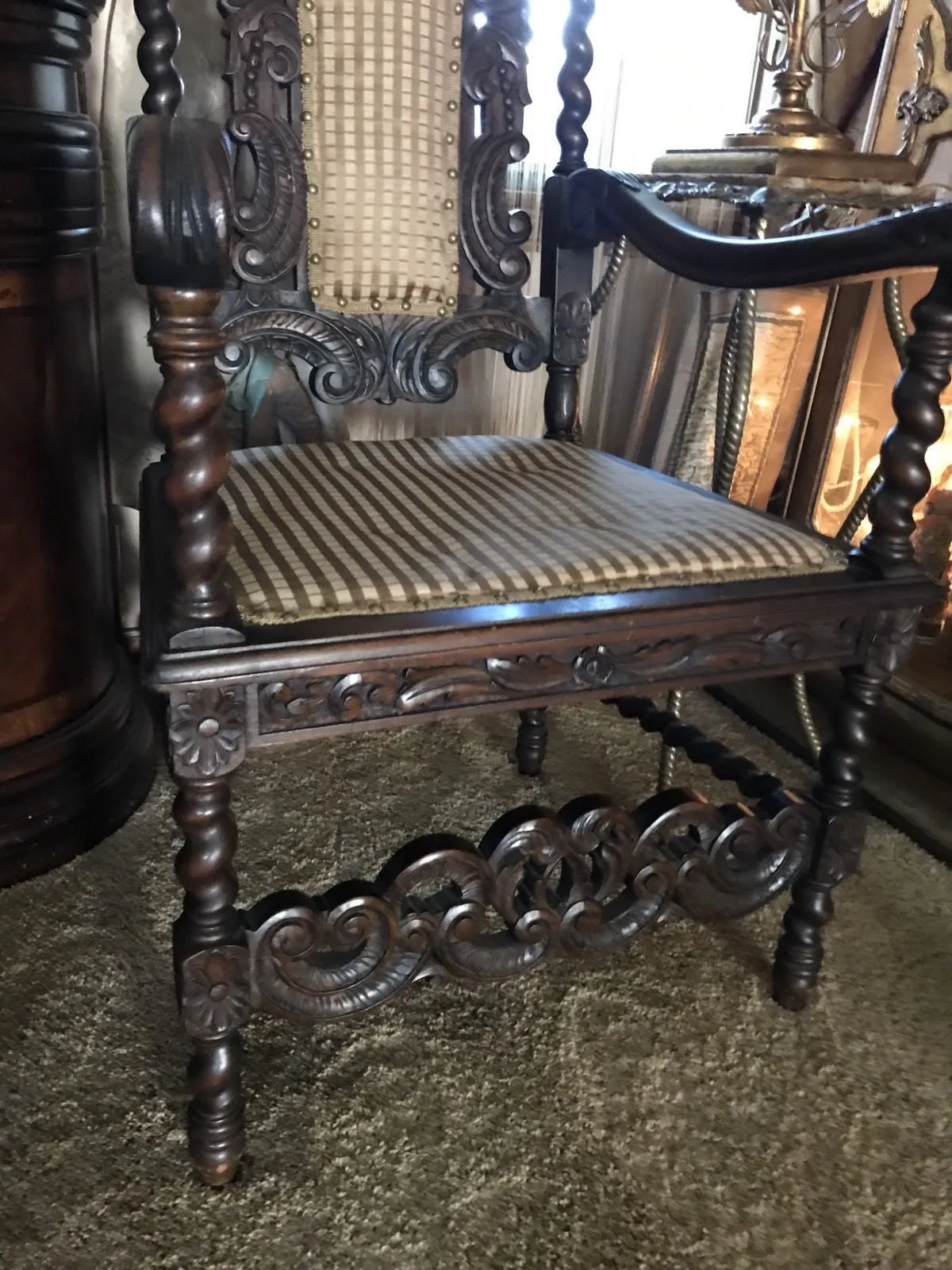 Antique Carved Pair Wood Barley Twist Throne Chairs Pair Amazing Detail 1850