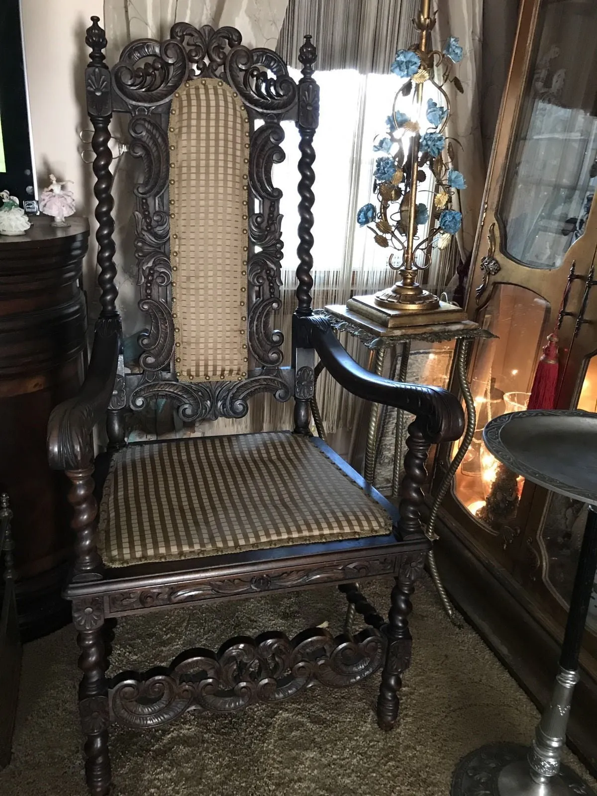 Antique Carved Pair Wood Barley Twist Throne Chairs Pair Amazing Detail 1850