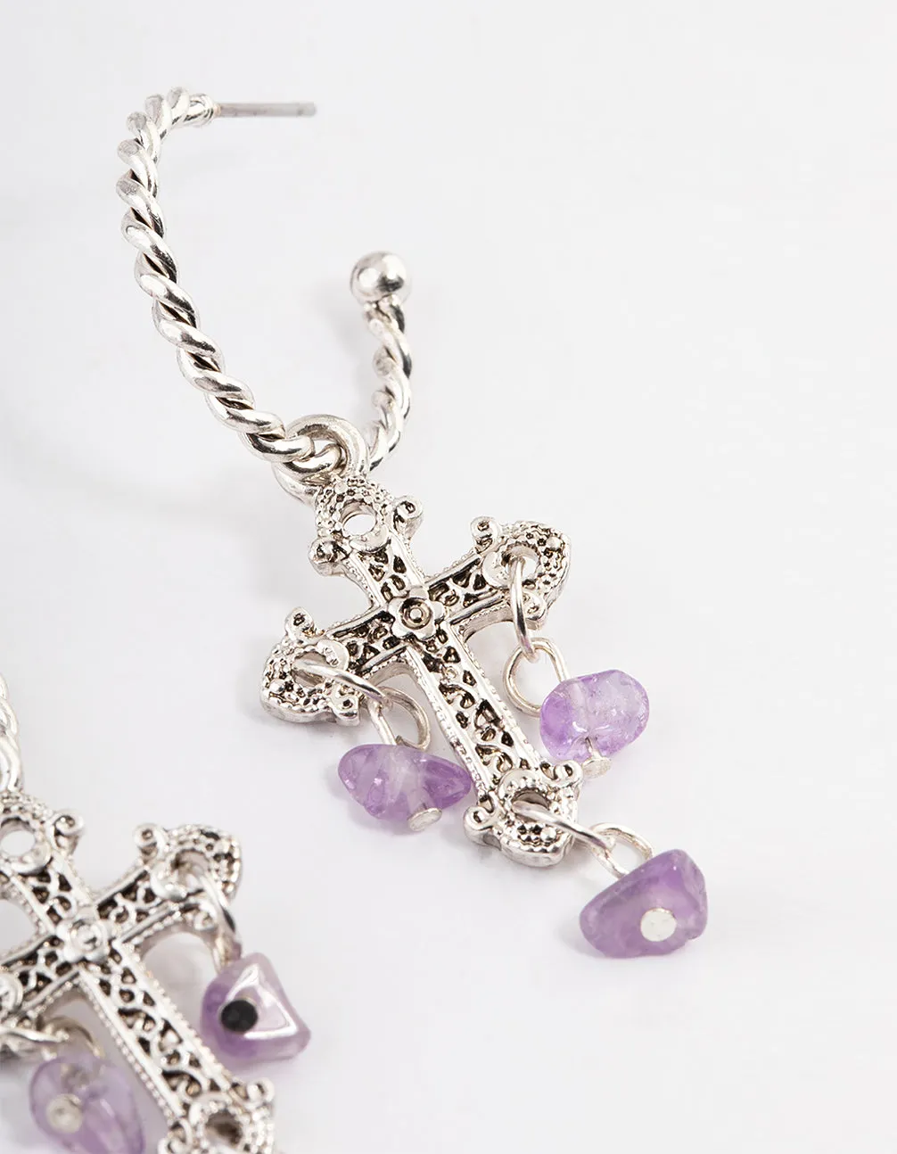 Antique Silver Amethyst Cross Earrings