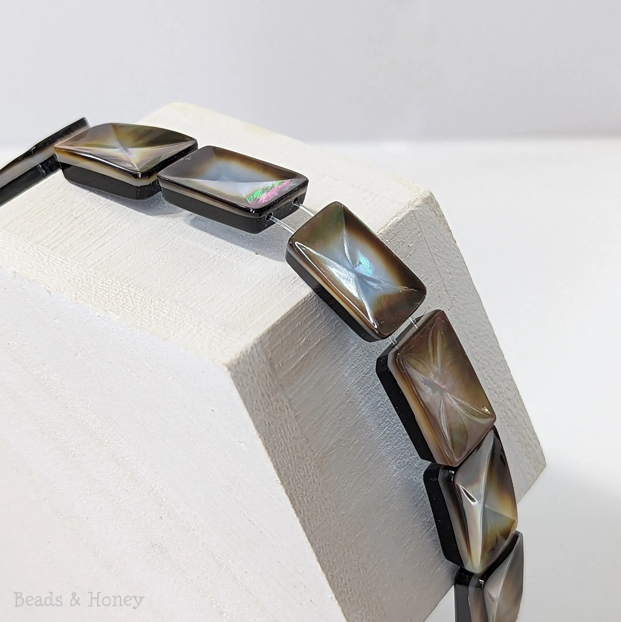 Black Tahiti Shell Double Drilled Rectangle Bead with Inverted Bevel Design 20x12mm (8-Inch Strand)