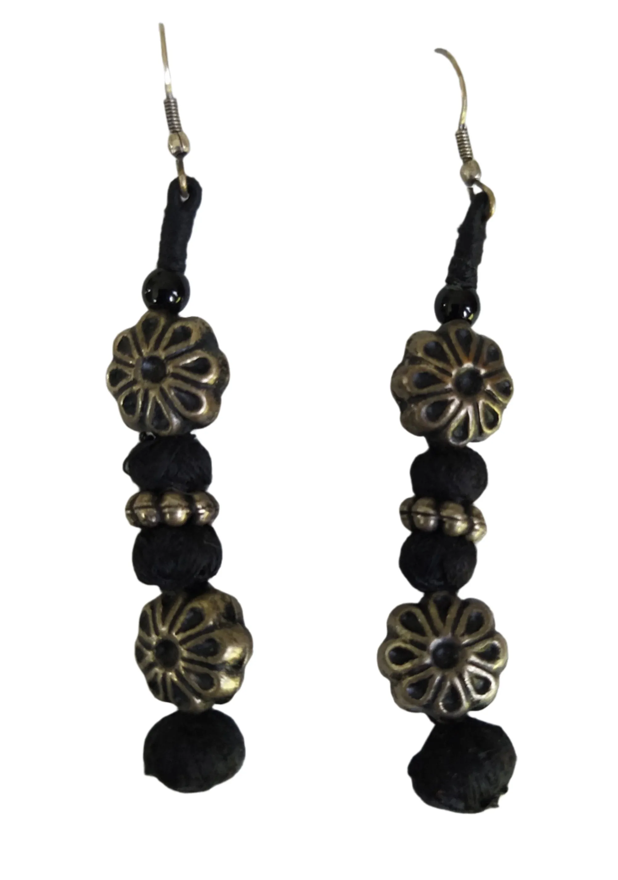Black Thread and Flower bead Earrings-Big