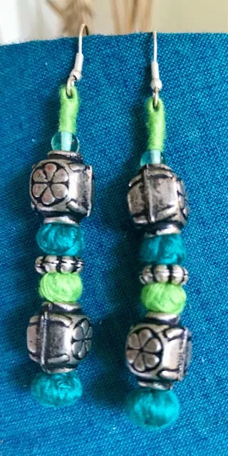 Blue and Green thread and silver bead earrings-Big