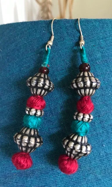 Blue and Pink thread and silver bead earrings-Big