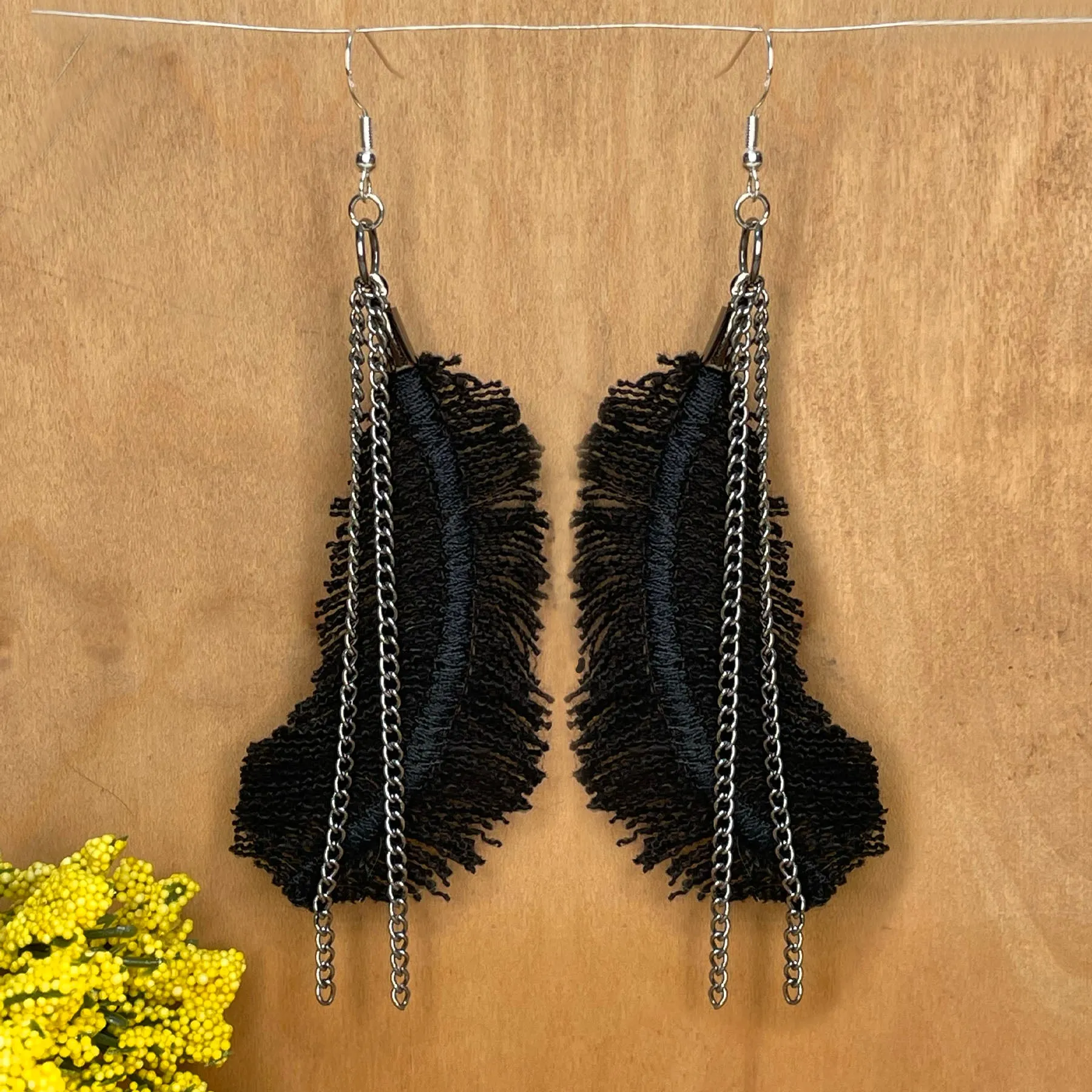Boho Denim Feather Earrings, Black w/ Silver