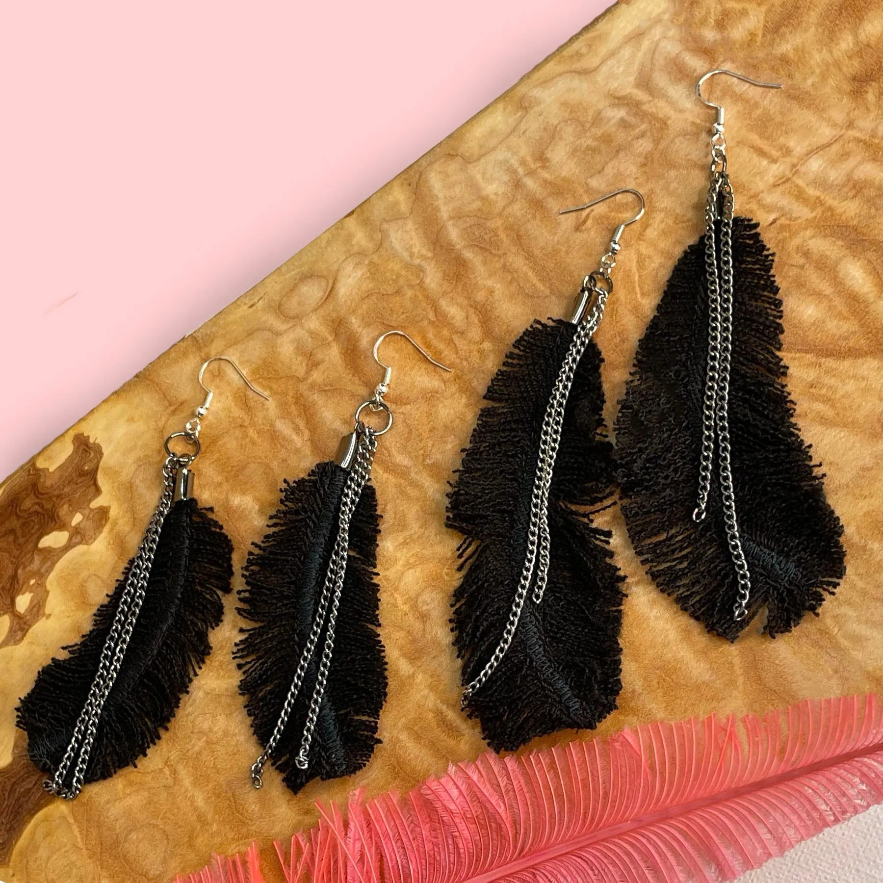 Boho Denim Feather Earrings, Black w/ Silver