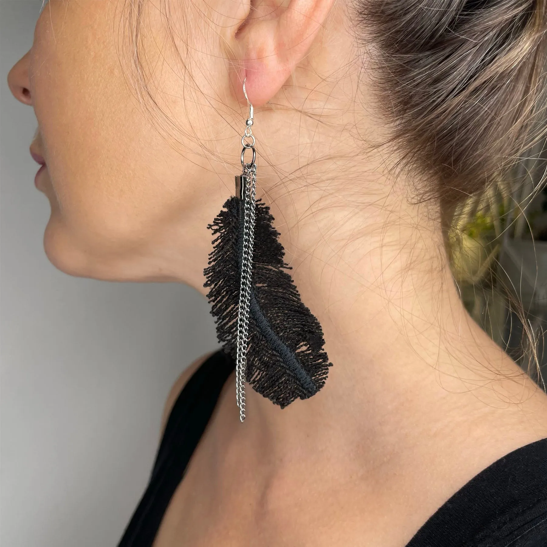 Boho Denim Feather Earrings, Black w/ Silver