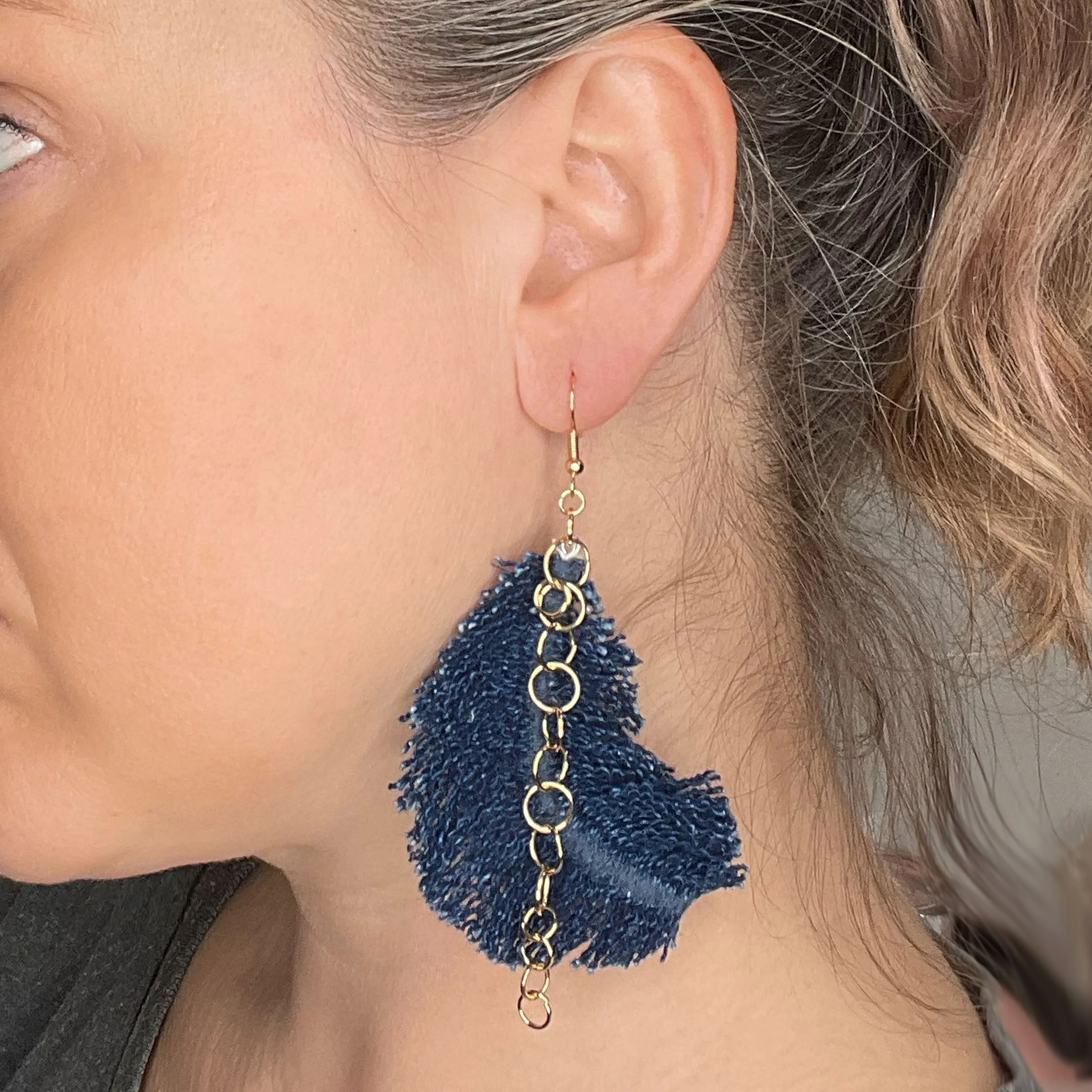 Boho Denim Feather Earrings, Indigo