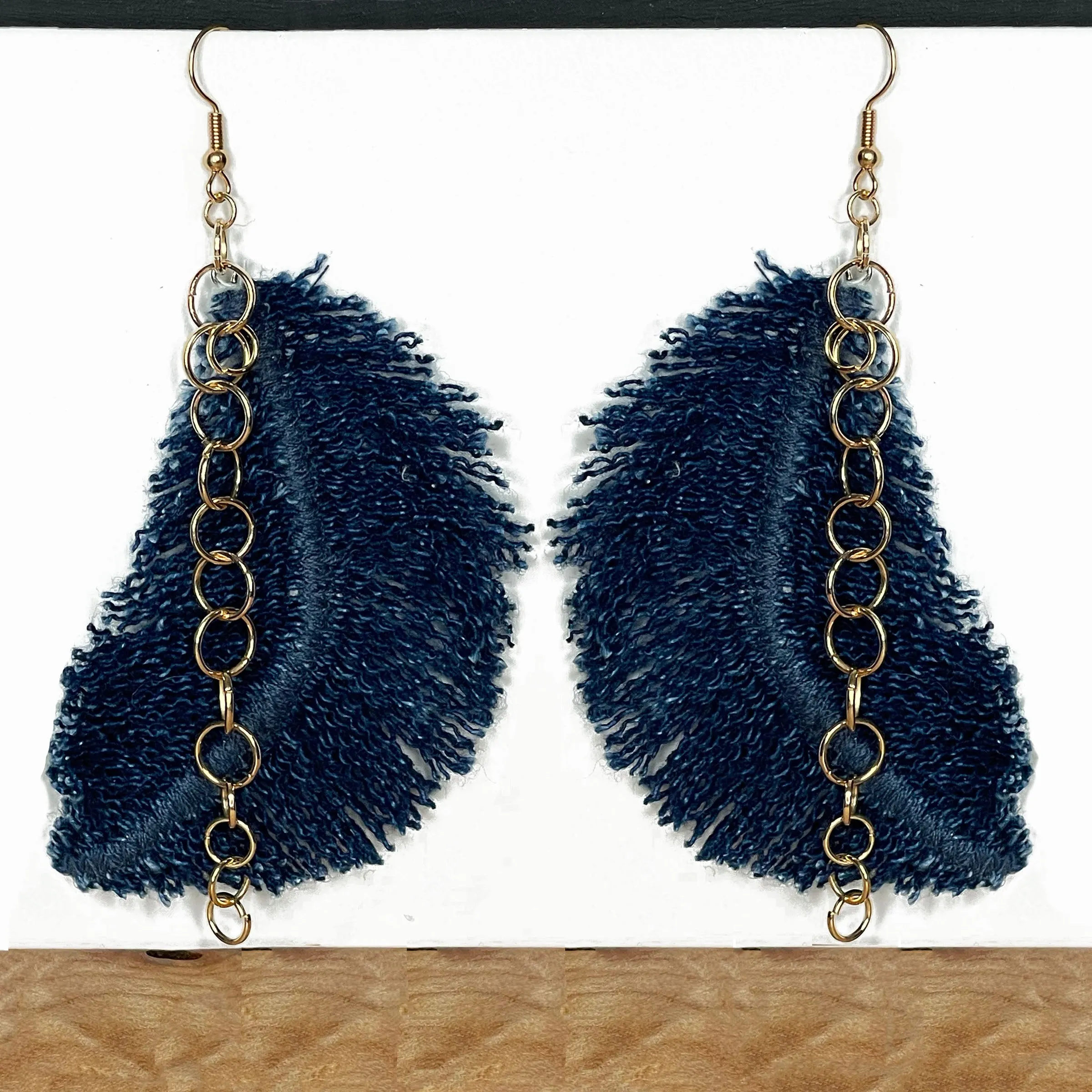 Boho Denim Feather Earrings, Indigo