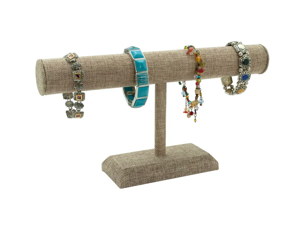 Burlap fabric covered T-Bar bracelet display stand - 6 3/4"H