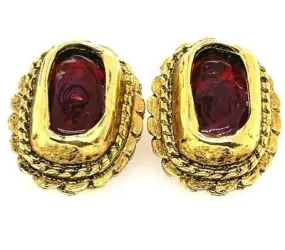CHANEL - Vintage 70s Gripoix Clip On - Gold Tone and Deep Orange Red - Earrings