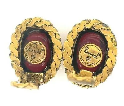 CHANEL - Vintage 70s Gripoix Clip On - Gold Tone and Deep Orange Red - Earrings