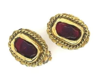 CHANEL - Vintage 70s Gripoix Clip On - Gold Tone and Deep Orange Red - Earrings
