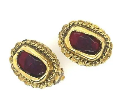 CHANEL - Vintage 70s Gripoix Clip On - Gold Tone and Deep Orange Red - Earrings