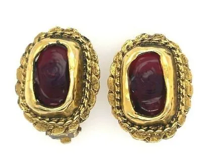 CHANEL - Vintage 70s Gripoix Clip On - Gold Tone and Deep Orange Red - Earrings