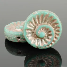 Czech Glass Fossil (19mm) Turquoise Opaque with Platinum Wash Bead Strand by Raven's Journey