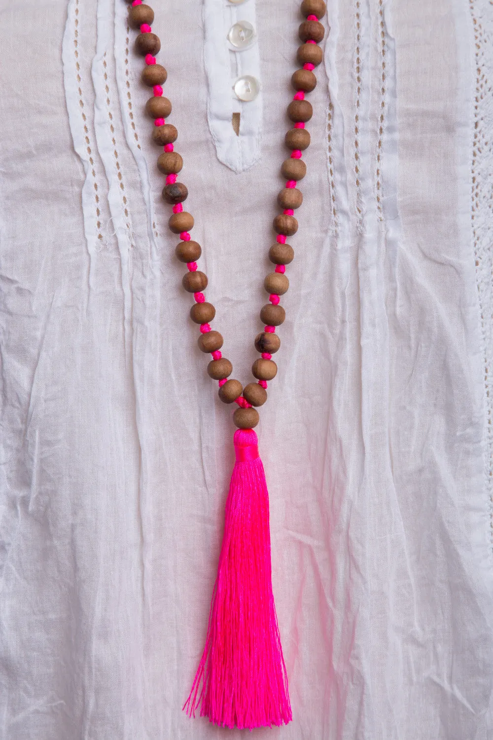 Natural Wood Bead Necklace (Hot Pink)