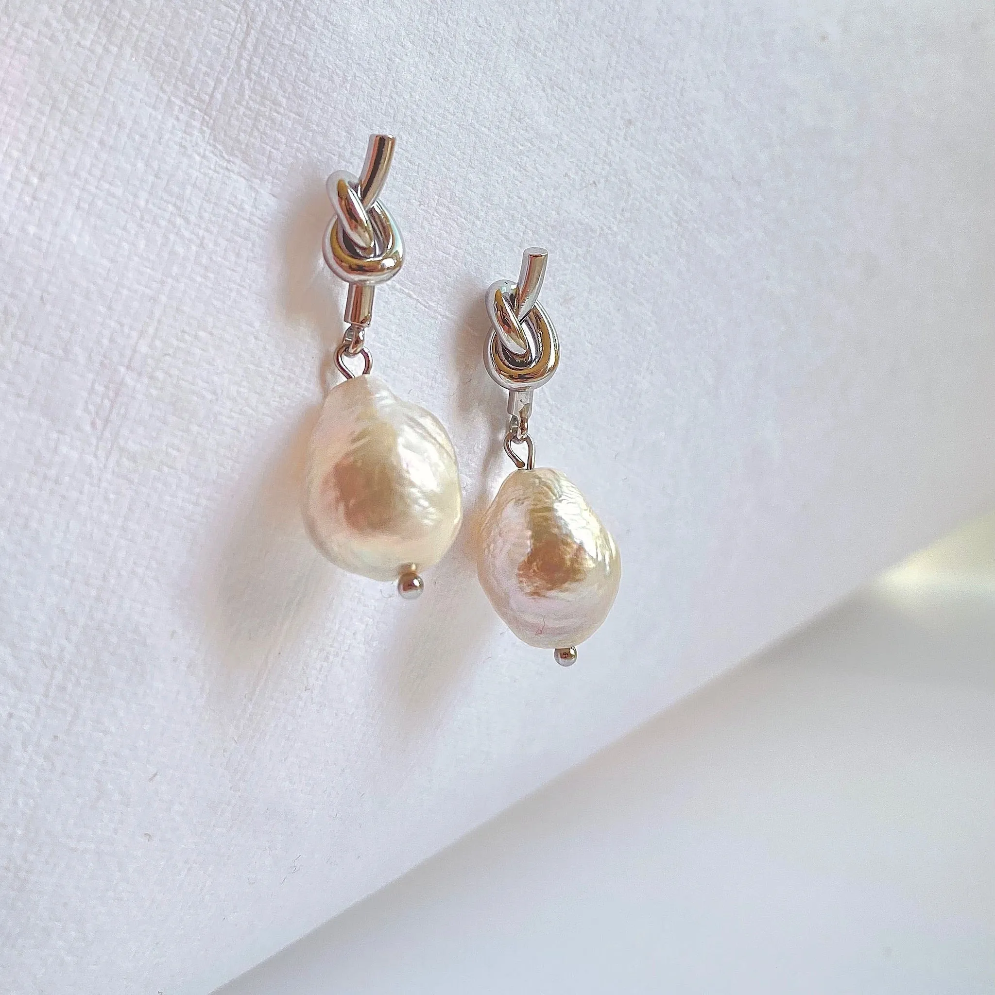 Pearl Drop Knot Earrings in Gold & Silver